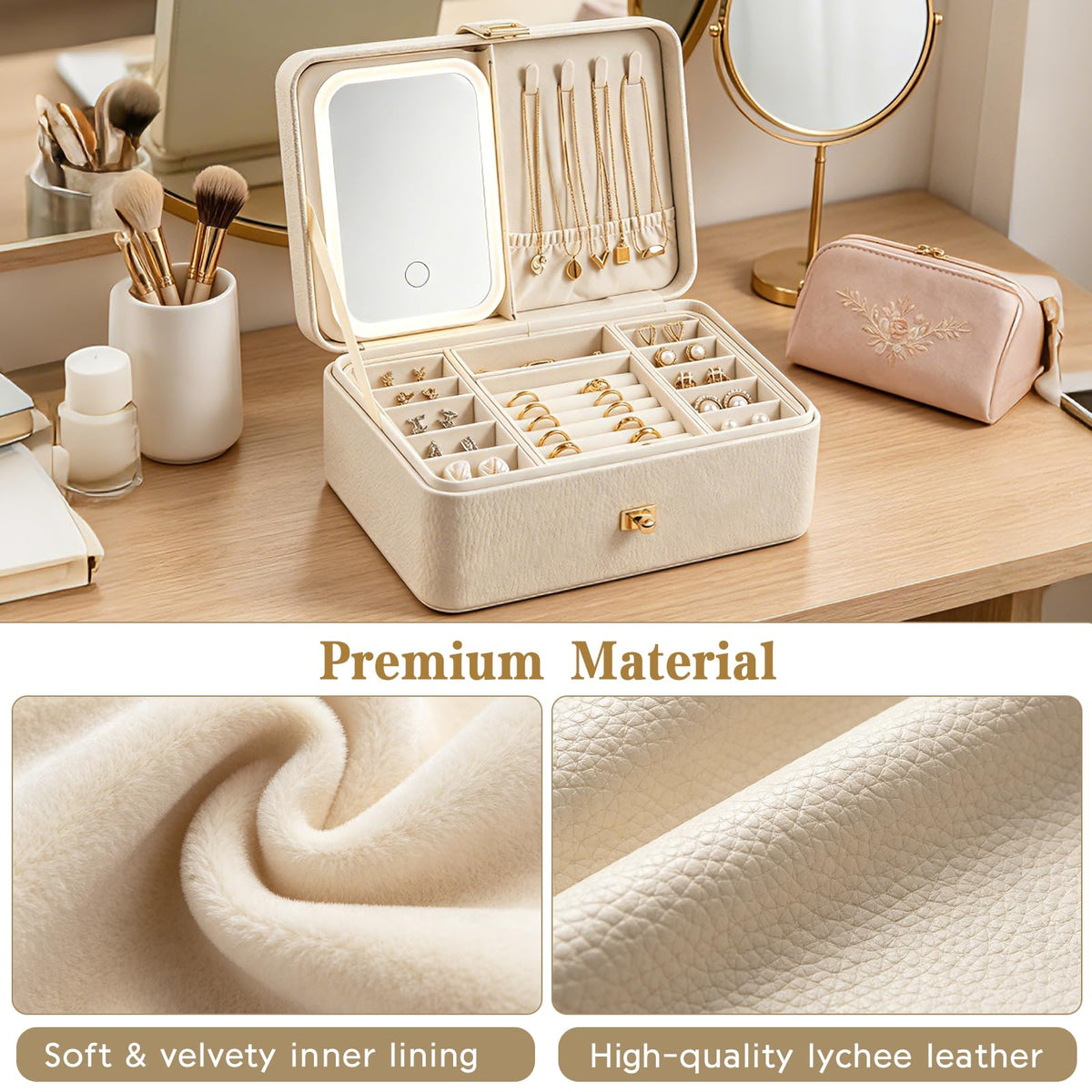2-Layer LED Jewellery Box with Dimmable Mirror — Necklace Hanging Rail, Velvet-Lined Travel Organiser — image 12