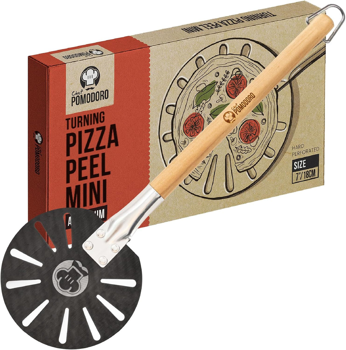 Chef Pomodoro Mini Aluminum Pizza Turning Peel with Wood Han