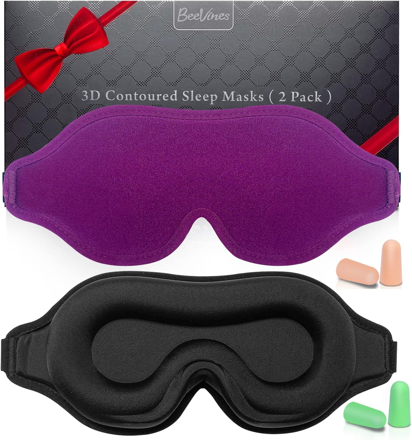 Sleep Mask for Men & Women, 2 Pack 3D Contoured Eye Mask for Sleeping with Adjustable Strap, BeeVines Molded Night Eye Sleep Mask Blindfold, Soft Breathable Eye Shade Cover for Travel Yoga Nap