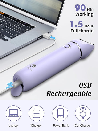 Bikini Trimmer and Shaver Kit for Women - 2-in-1 Wet/Dry Electric Body Hair Trimmer Facial Hair Removal Cordless Waterproof Bikini Shaver Razor for Face Lip Chin Pubic Underarm Legs