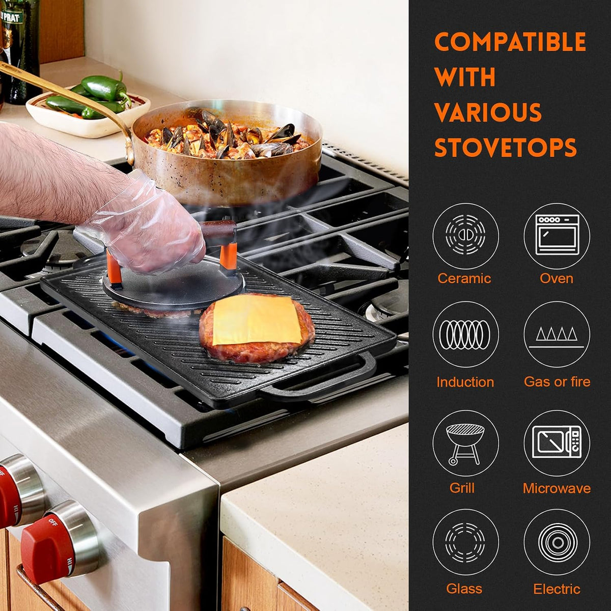 GGC Cast Iron Reversible Grill Griddle，Double Sided Grill Pa