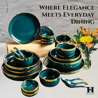 HOMARA - Green Dinner Set – 18-Piece Dinnerware Set for 4 with Gold Rim | Elegant, Durable, Microwave & Dishwasher Safe Plates, Bowls & Mugs for Home, Kitchen & Dining.