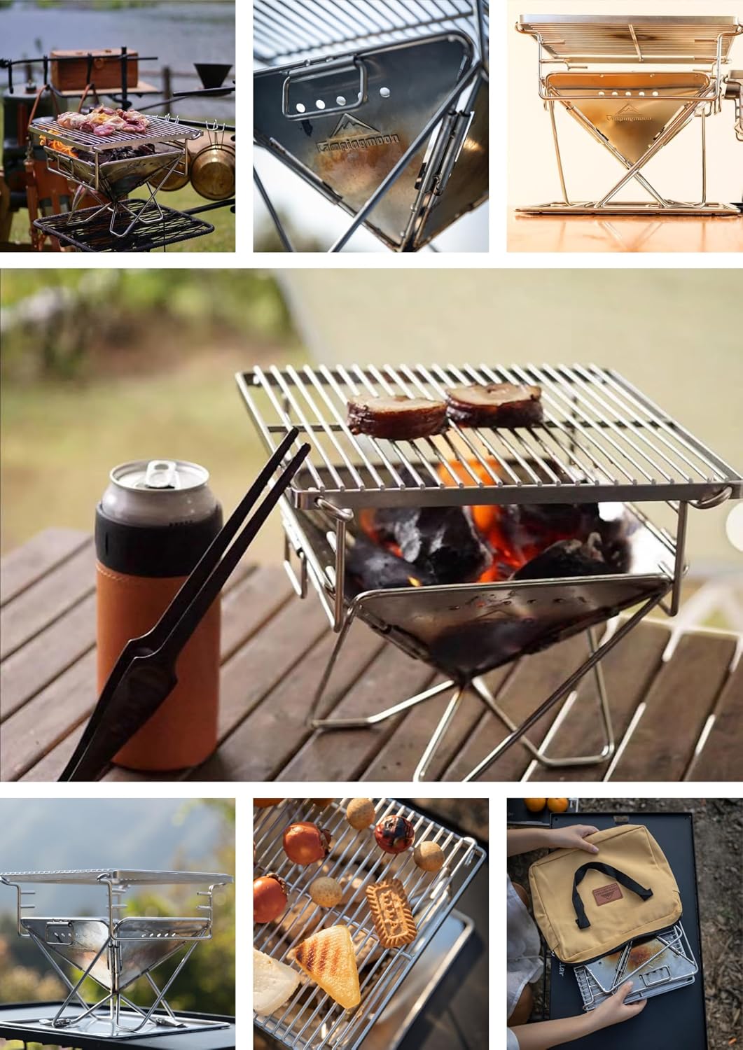 CAMPINGMOON Portable Charcoal Grill 9.65 Inch Stainless Stee