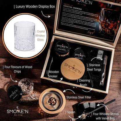 Cocktail Smoker Set. Whiskey Smoker. Cocktail Smoking Infusion Kit Featuring Whisky Smoker Glass, Wood Chips, Stones & Luxury Gift Set. Infuse Your Old Fashioned Bourbon with Smoke n Blow