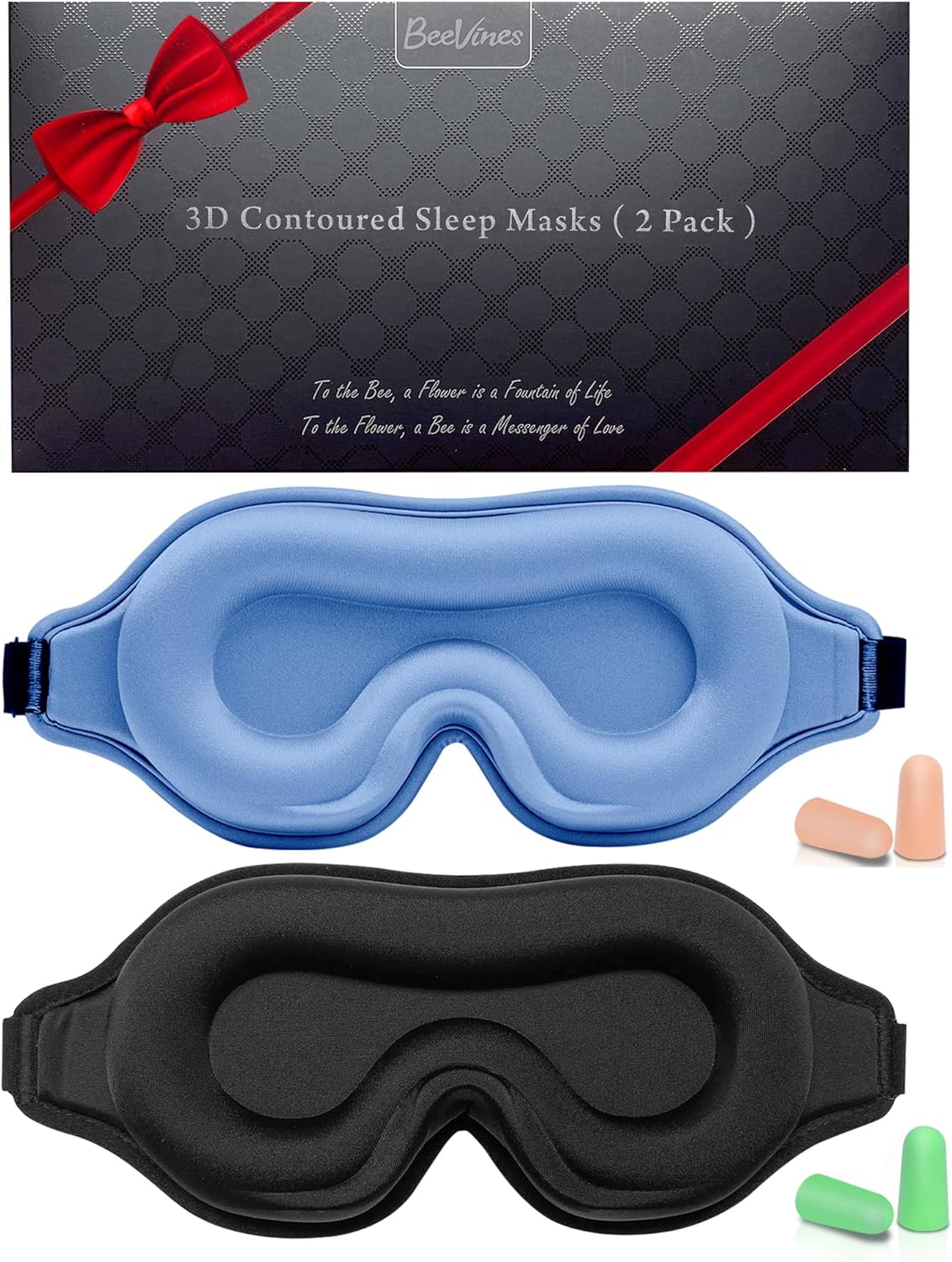 Sleep Mask for Men & Women, 2 Pack 3D Contoured Eye Mask for Sleeping with Adjustable Strap, BeeVines Molded Night Eye Sleep Mask Blindfold, Soft Breathable Eye Shade Cover for Travel Yoga Nap