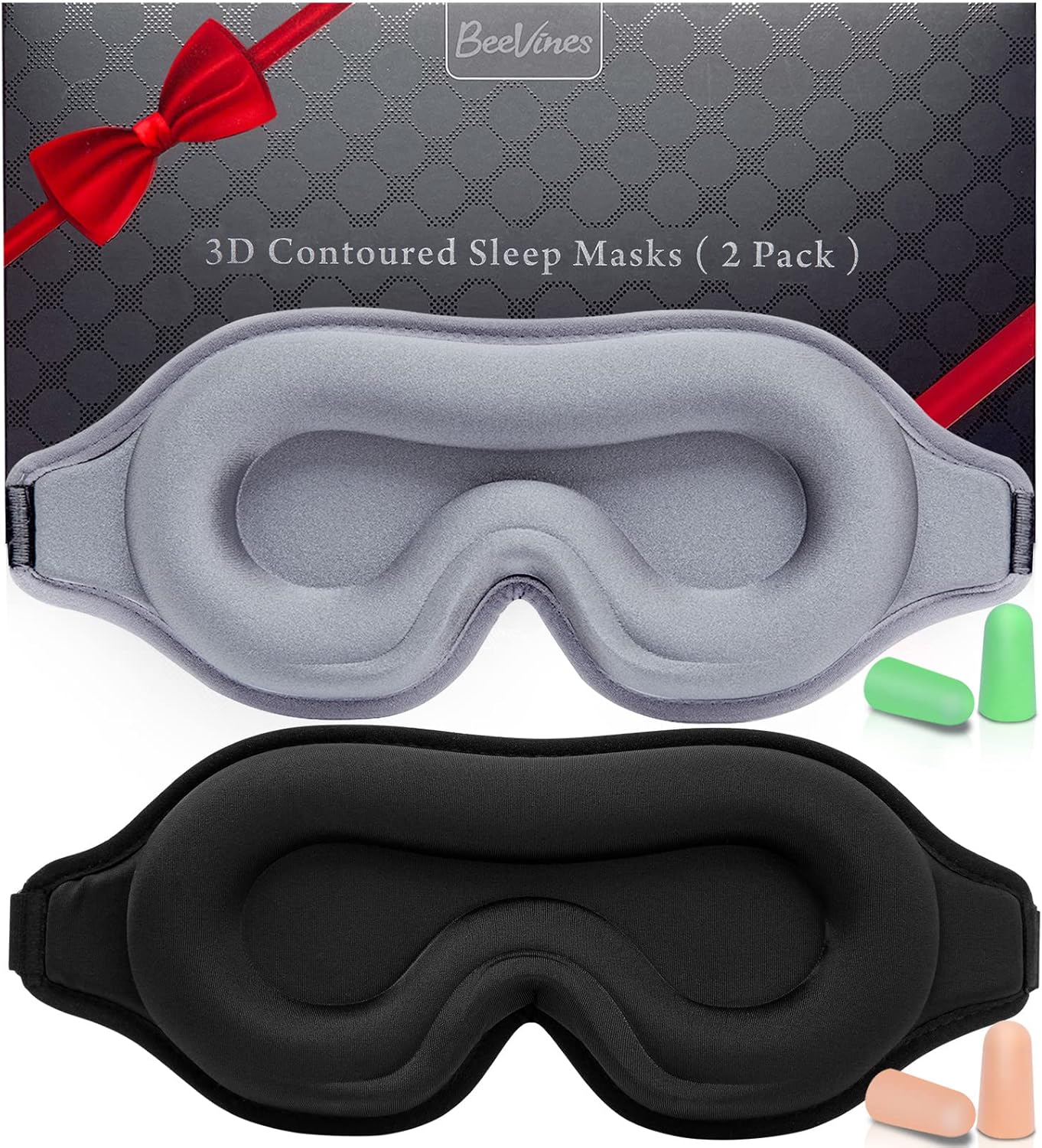 Sleep Mask for Men & Women, 2 Pack 3D Contoured Eye Mask for Sleeping with Adjustable Strap, BeeVines Molded Night Eye Sleep Mask Blindfold, Soft Breathable Eye Shade Cover for Travel Yoga Nap