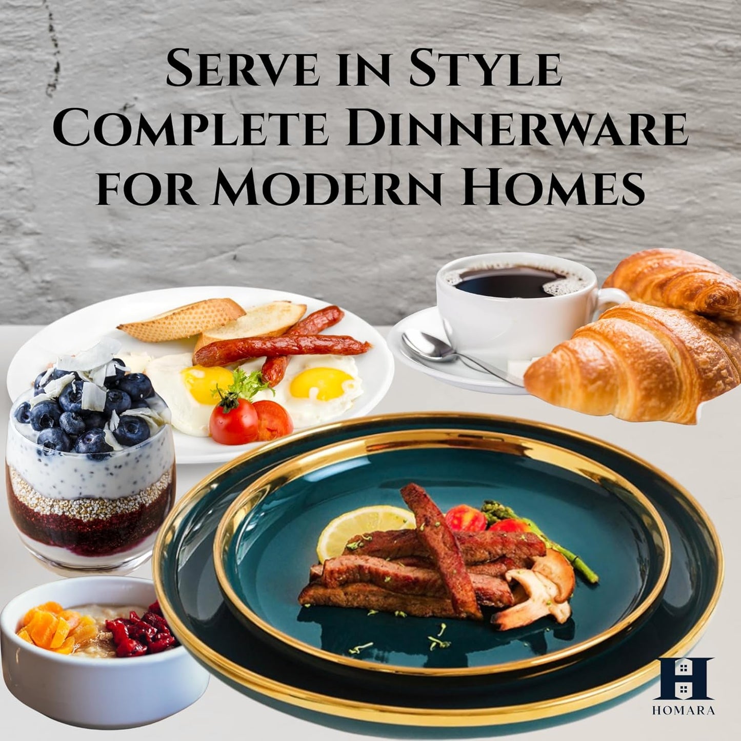 HOMARA - Green Dinner Set – 18-Piece Dinnerware Set for 4 with Gold Rim | Elegant, Durable, Microwave & Dishwasher Safe Plates, Bowls & Mugs for Home, Kitchen & Dining.
