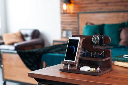 Wood Phone Docking Station - Nightstand Organizer - Desk Organizer for Husband - Gifts for Men, Dad - Idea for Anniversary from Wife - Key Holder - Stand Wallet & Watch (Beige)
