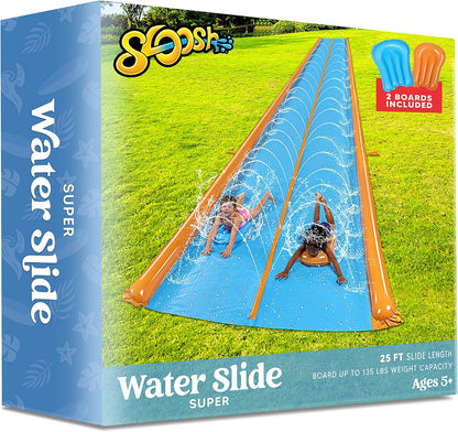 Sloosh Double Lane Water Slide,25ft x 6ft Heavy Duty Lawn Water Slip and Slide with Sprinkler and 2 Inflatable Boards for Adult Kids Party Summer Yard Outdoor Play Activities