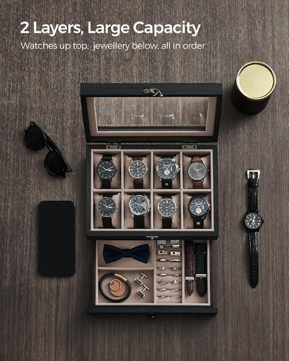 SONGMICS 8 Compartment Solid Wood Watch Box with Glass Lid