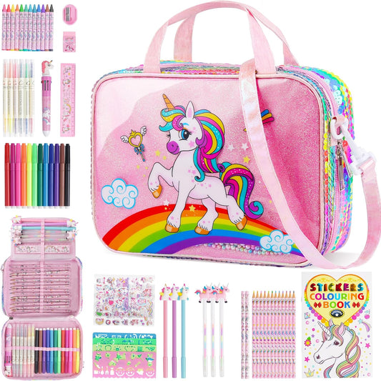 Unicorn Art Supplies Convertible Bag for Girls, 63Pcs Coloring Drawing Set for Kids with Fruit Scented Markers, Portable Travel Activity Kit, Birthday 4 5 6 7 8-12 Year Old Girls