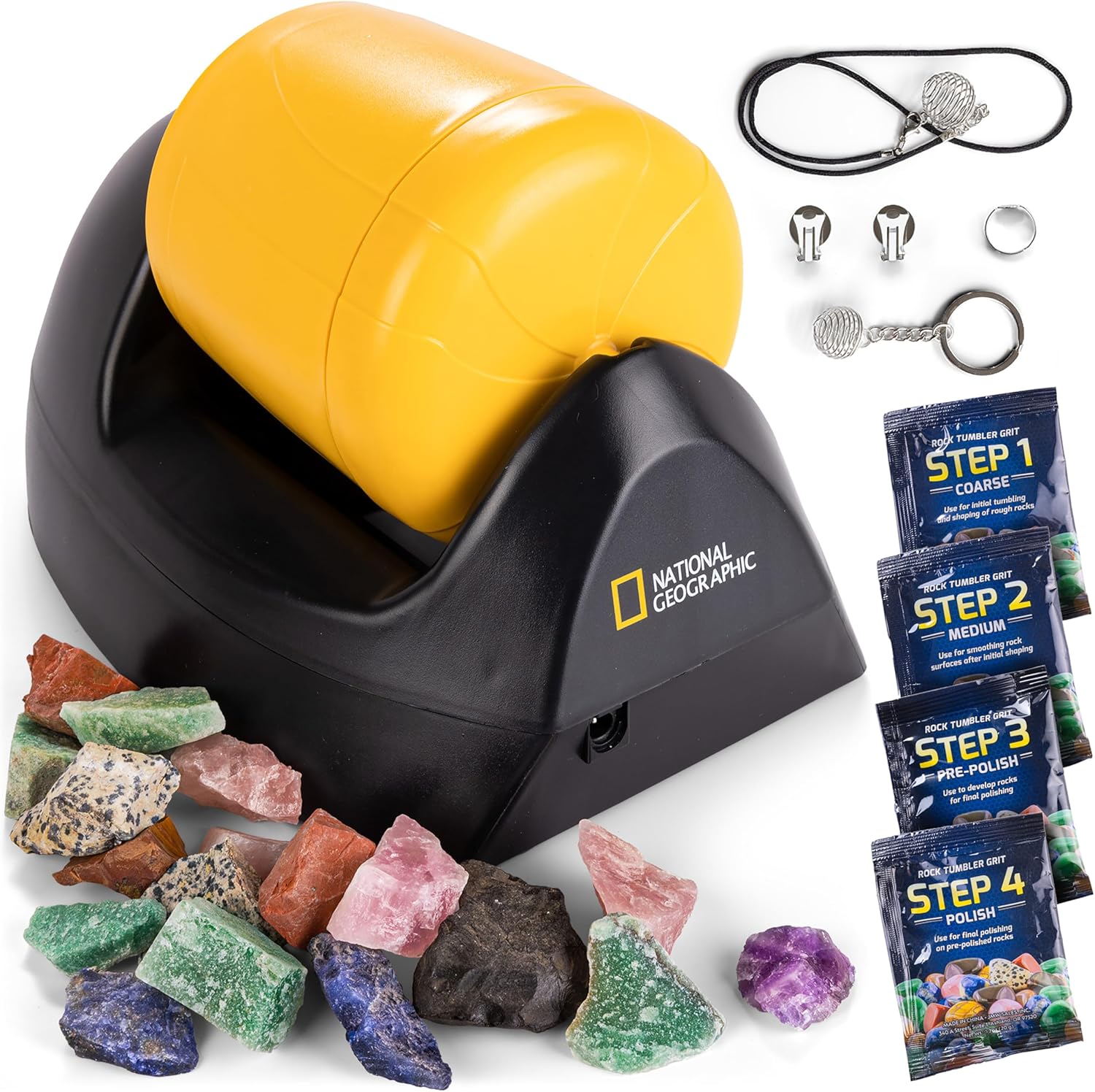National Geographic starter rock tumbler kit with gemstones, grit and jewellery fastenings