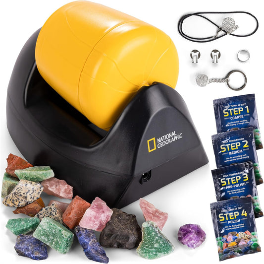 National Geographic starter rock tumbler kit with gemstones, grit and jewellery fastenings