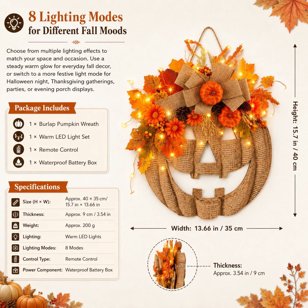 Lighted Burlap Pumpkin Wreath — Halloween Front Door Decor 12