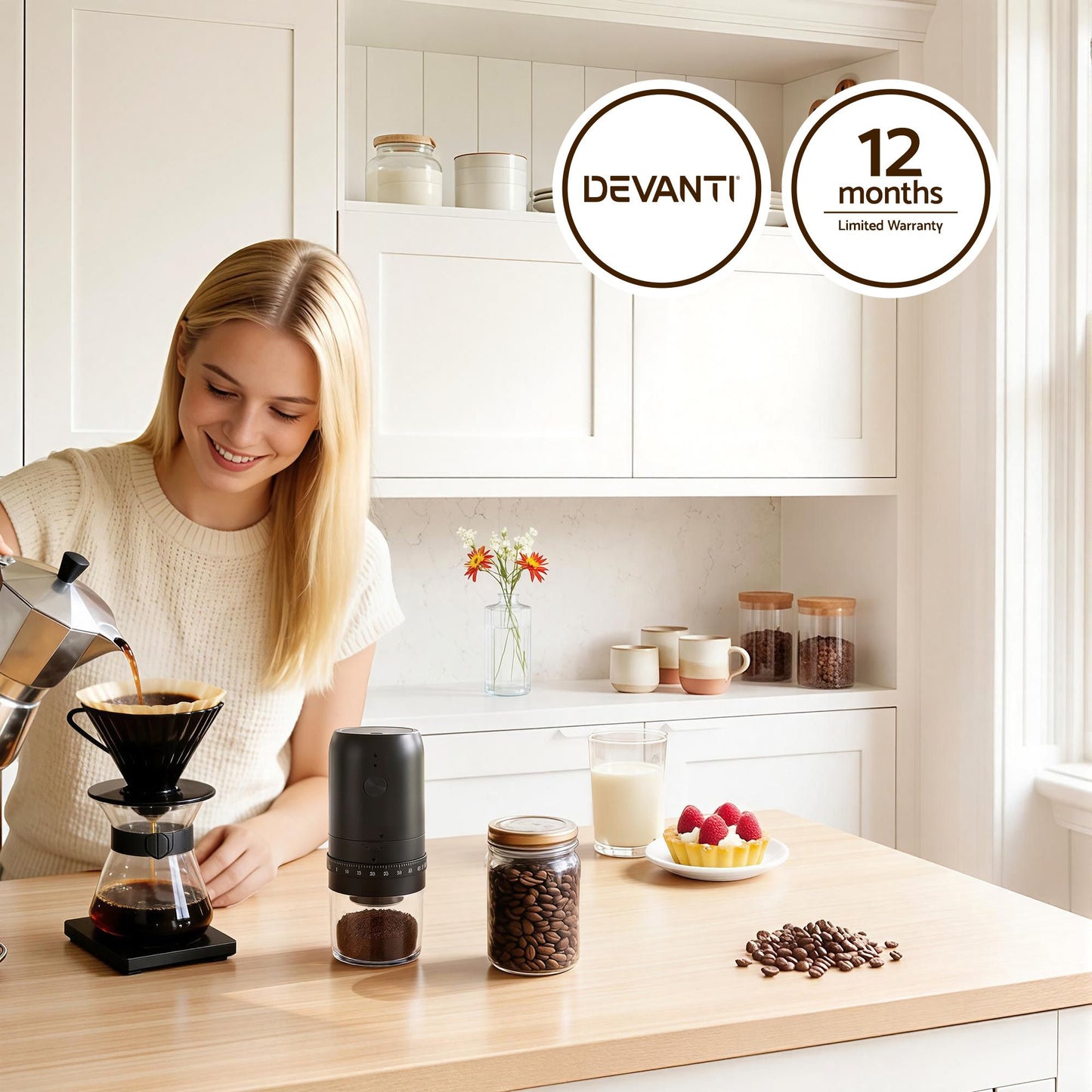 Devanti Electric Coffee Grinder USB-C Rechargeable Portable Coffee Bean Grinder With 40...