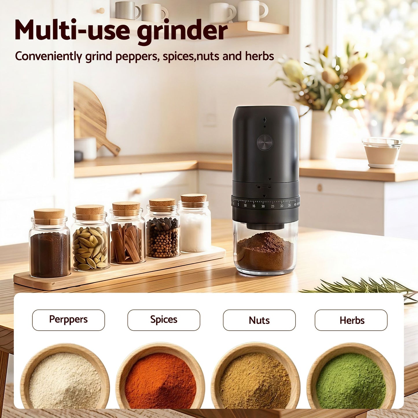 Devanti Electric Coffee Grinder USB-C Rechargeable Portable Coffee Bean Grinder With 40...