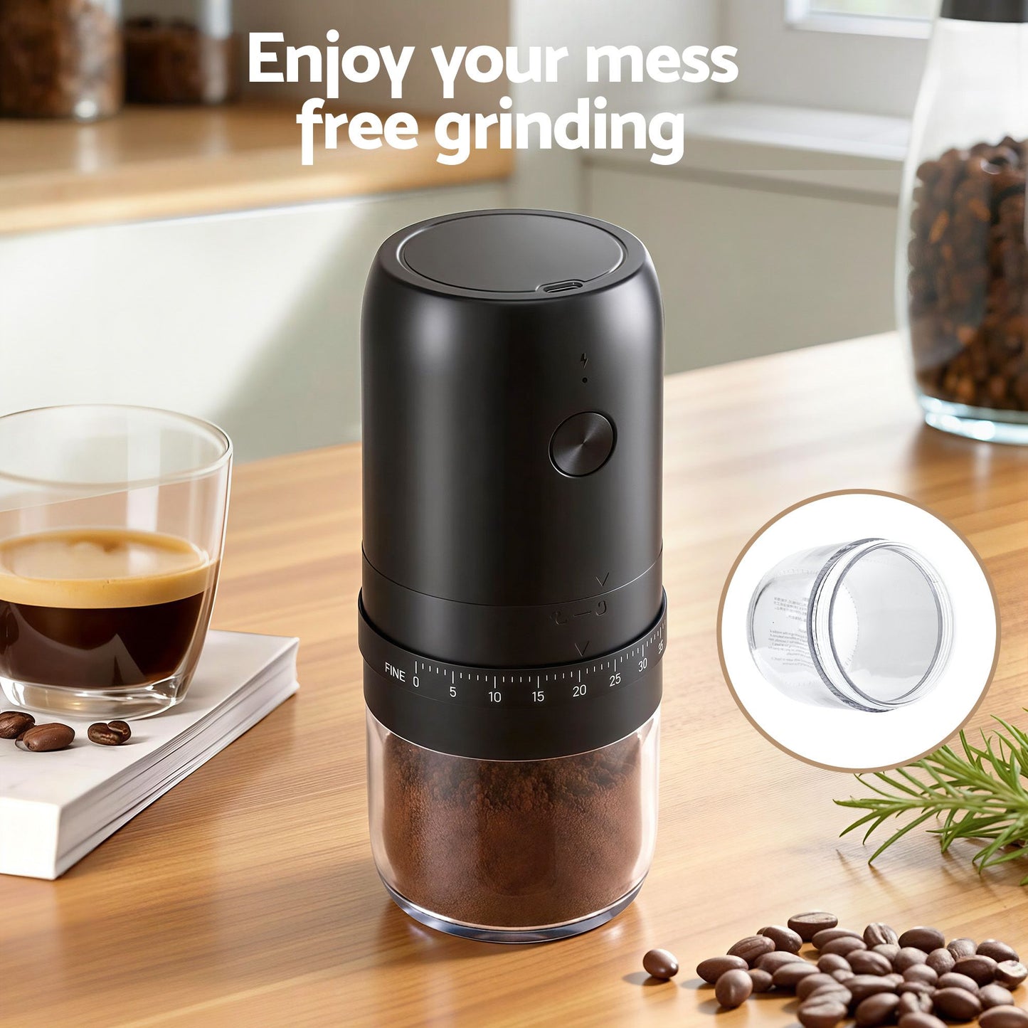 Devanti Electric Coffee Grinder USB-C Rechargeable Portable Coffee Bean Grinder With 40...