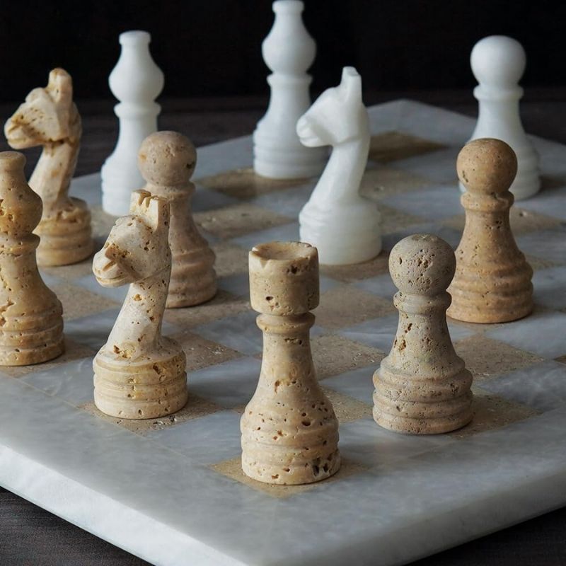 Marble Chess Set 30cm – Travertine & White