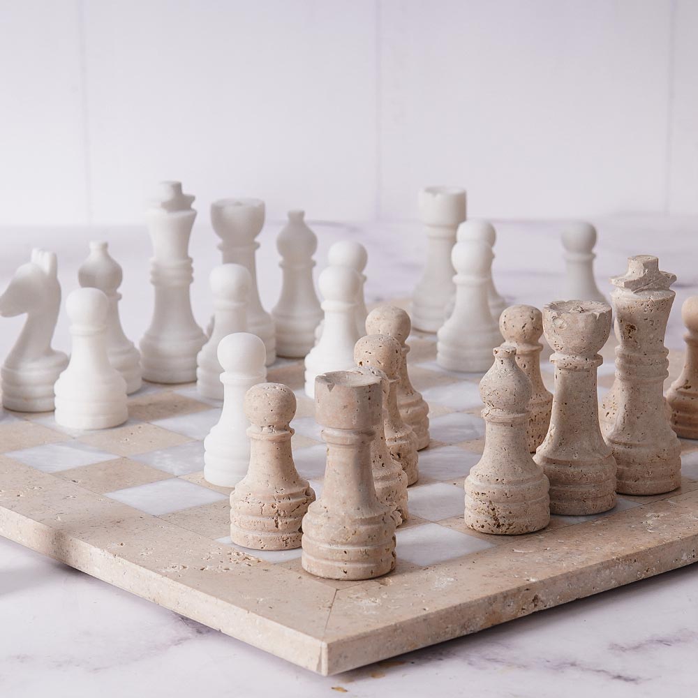 Marble Chess Set 30cm – Travertine & White