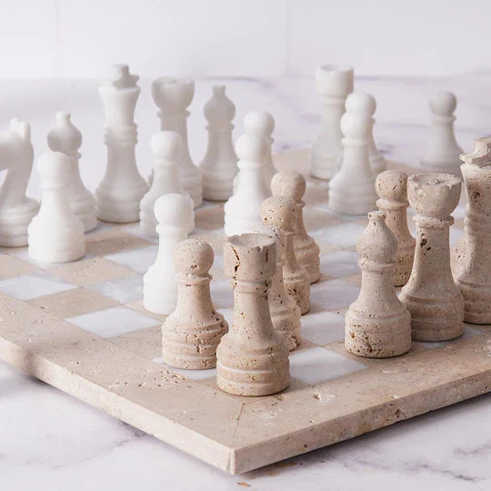 Marble Chess Set 38cm – Travertine & White