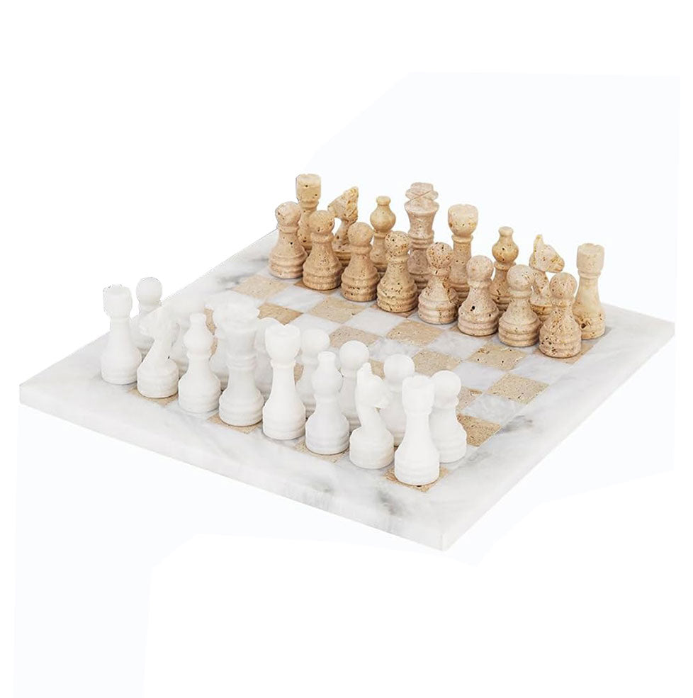 Marble Chess Set 30cm – Travertine & White