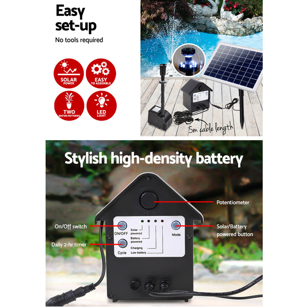 Gardeon Solar Pond Pump Submersible Water Fountain With Battery Kit LED Lights 6.6FT