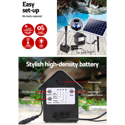 Gardeon Solar Pond Pump Submersible Water Fountain With Battery Kit LED Lights 6.6FT