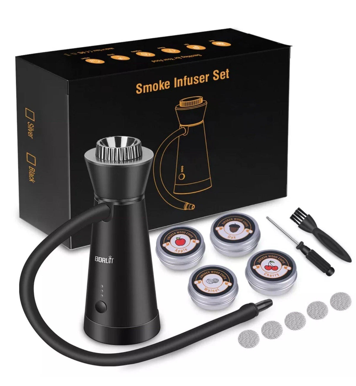 BORUiT Smoke Infuser Gift Set — Cold Smoker with 4 Wood Chip Tins, Rechargeable