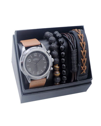 Men's Republic Watch set with 4 Bracelet - Black/Brown 2