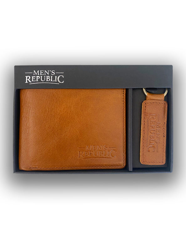 Men's Republic Leather Wallet and Keyring Set - Brown 2