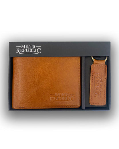 Men's Republic Leather Wallet and Keyring Set - Brown 2