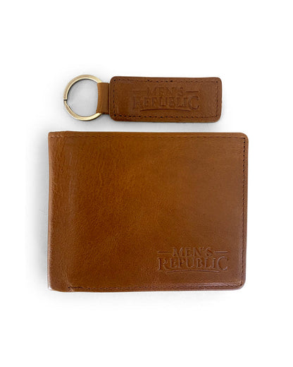 Men's Republic Leather Wallet and Keyring Set - Brown 3