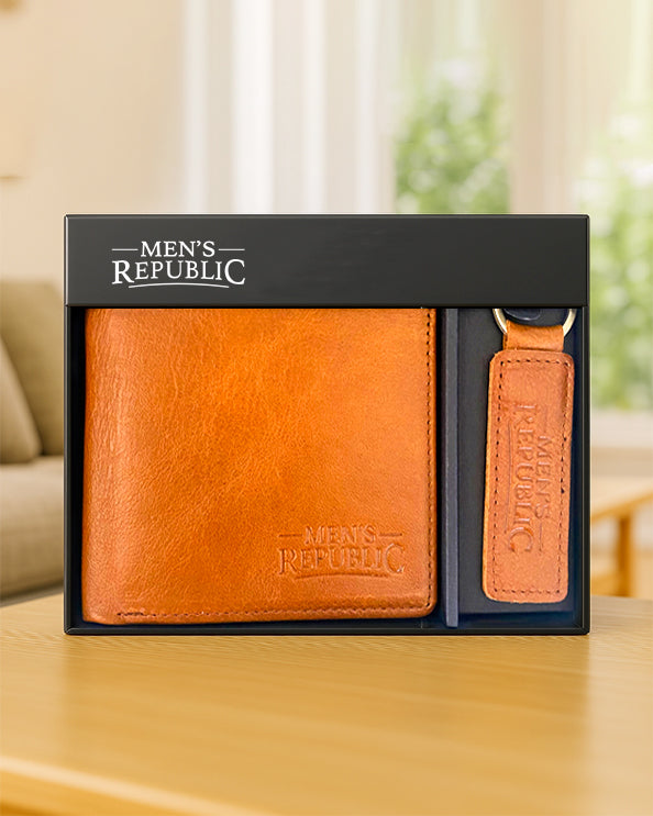 Men's Republic Leather Wallet and Keyring Set - Brown 1