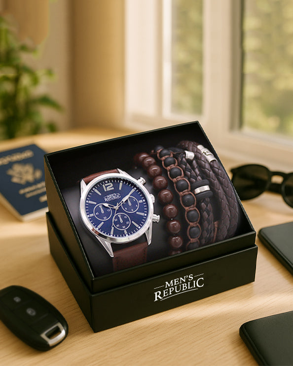 Men's Republic Watch set with 4 Bracelets - Blue Face 1