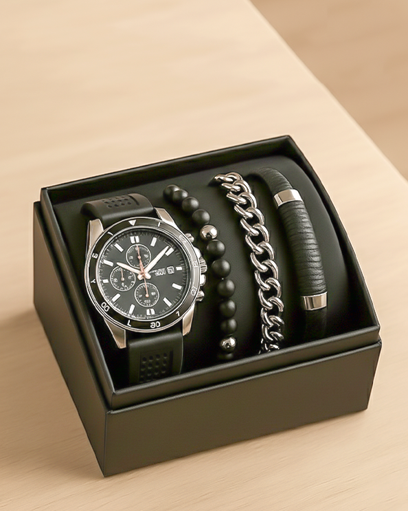 Men's Republic Watch set with 3 Bracelets - Black 1