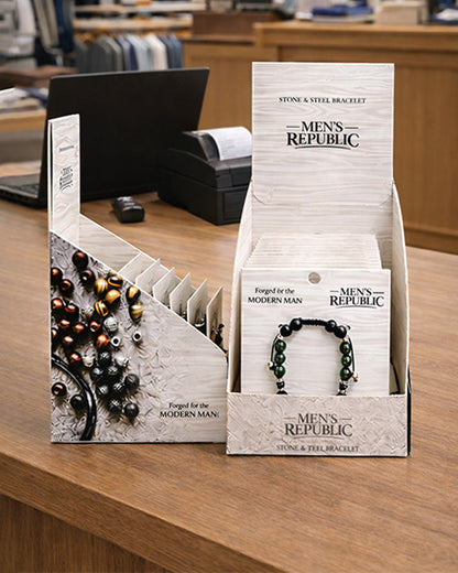 Men's Republic Fashion Bracelets - Set of 10 Mixed Stainless Steel and Semi-Precious Stones - In Shelf Tray 1