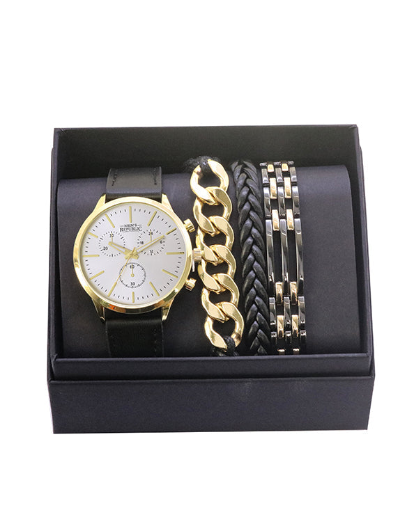 Men's Republic Watch set with 3 Bracelets - Gold and Black 2