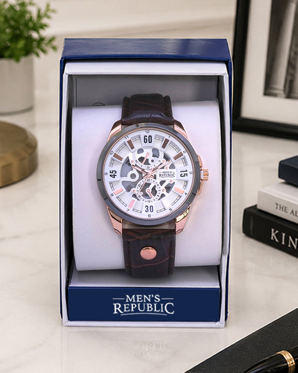 Men's Republic Watch - Signature Series - Gun Metal /Gold with Brown Leather Strap 1