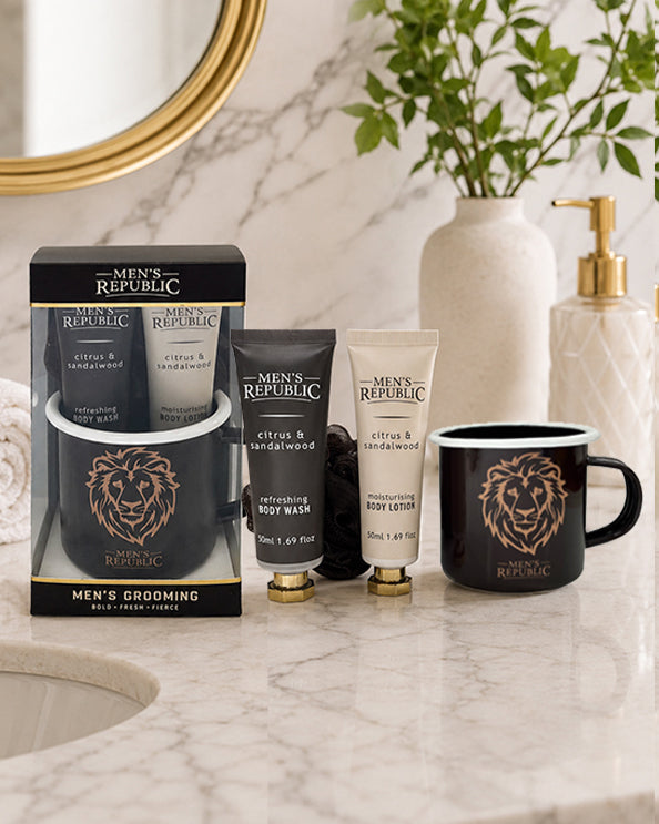 Men's Republic Mug with Body Wash, Body Lotion and Shower Loofah 1