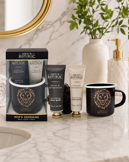 Men's Republic Mug with Body Wash, Body Lotion and Shower Loofah 1