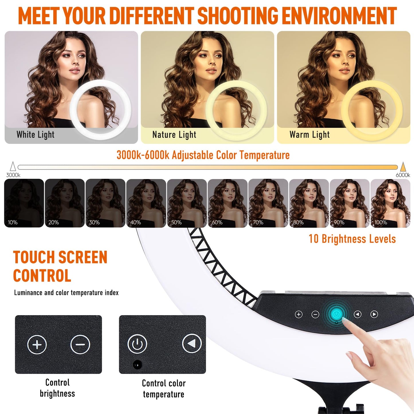 GWO 21 inch LED Ring Light with Tripod Stand 6000K Dimmable Makeup Selfie Light with Touch Panel Phone Holders for YouTube Vlog Video Shooting Include Carrying Bag and Remote Control CRI>90