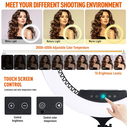 GWO 21 inch LED Ring Light with Tripod Stand 6000K Dimmable Makeup Selfie Light with Touch Panel Phone Holders for YouTube Vlog Video Shooting Include Carrying Bag and Remote Control CRI>90