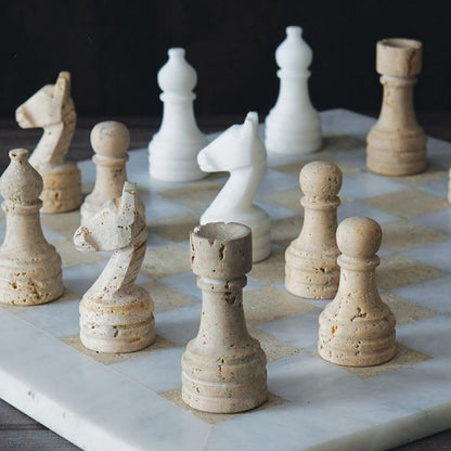 Marble Chess Set 38cm – Travertine & White