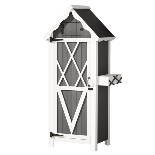 Gardeon Outdoor Wooden Storage Shed – Weather-Resistant Garden Cabinet with Shelves & Hanging Hooks Rustic Grey & White Design | Fir Wood Construction | Ideal for Garden Tools, Supplies & Outdoor Essentials