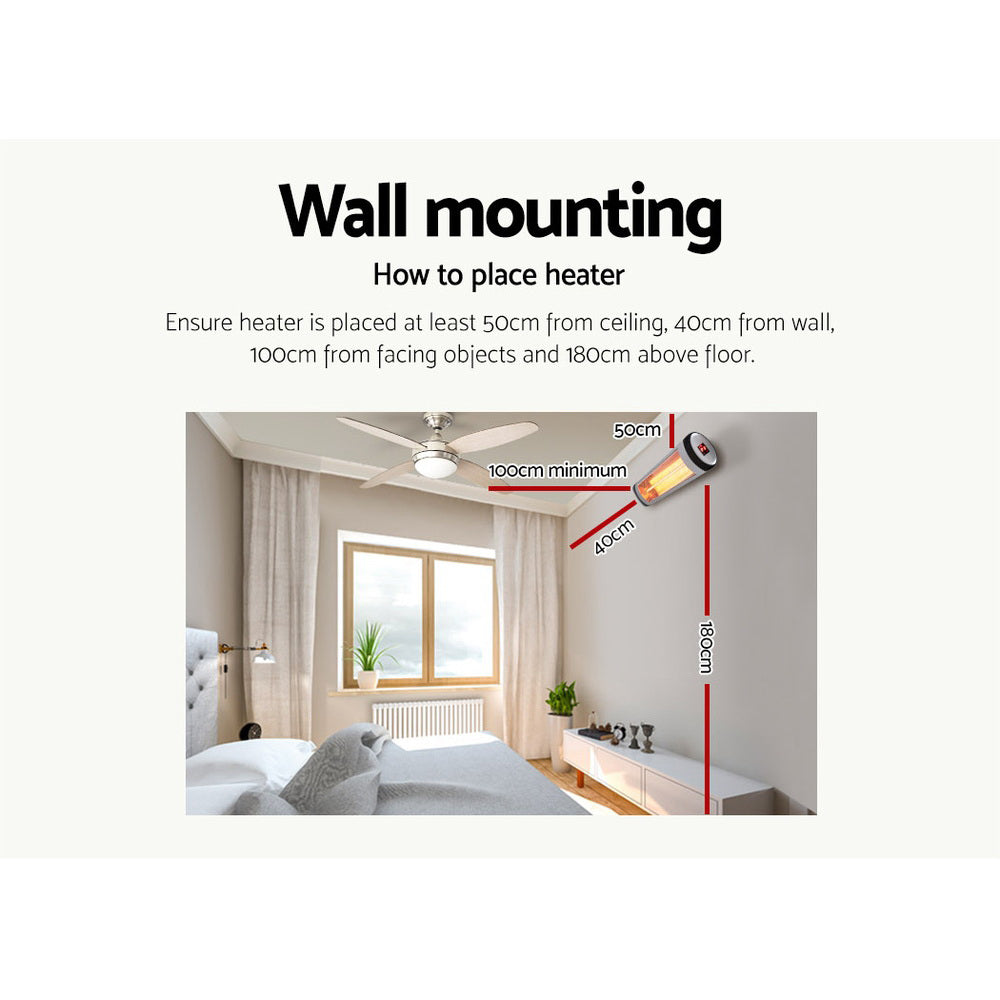 Devanti 1500W Electric Strip Radiant Heater – Indoor & Outdoor Infrared Wall Mount | Remote Control, 3 Heat Settings, Timer