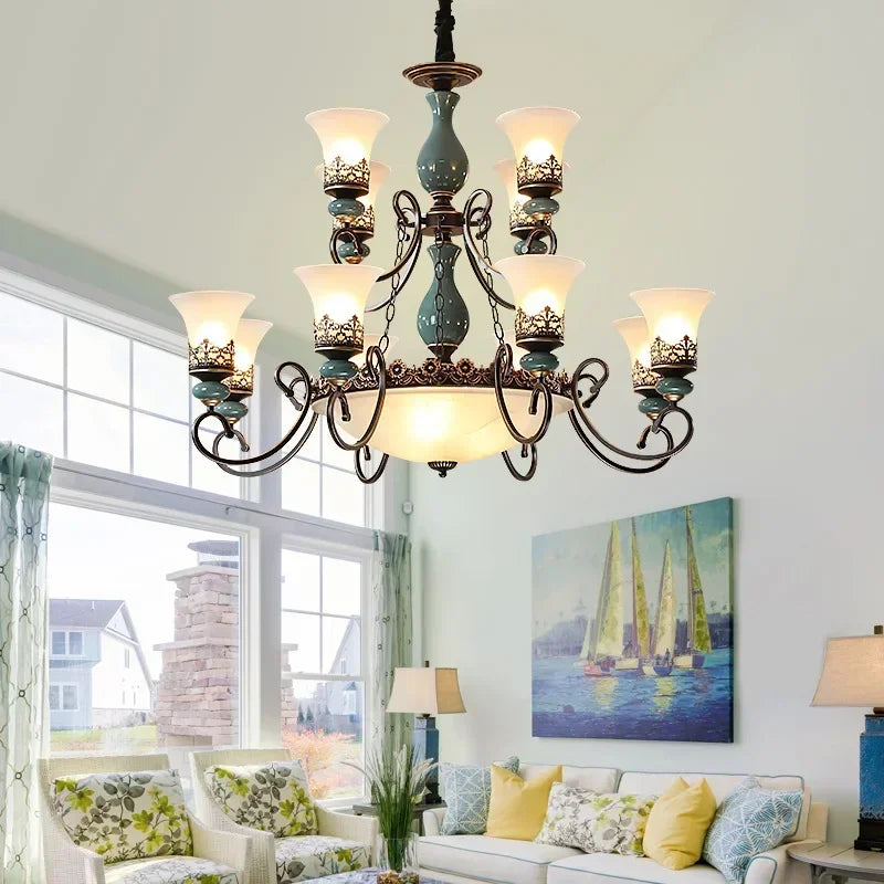 European vintage flush mount chandelier with frosted glass shade and iron frame — view 12