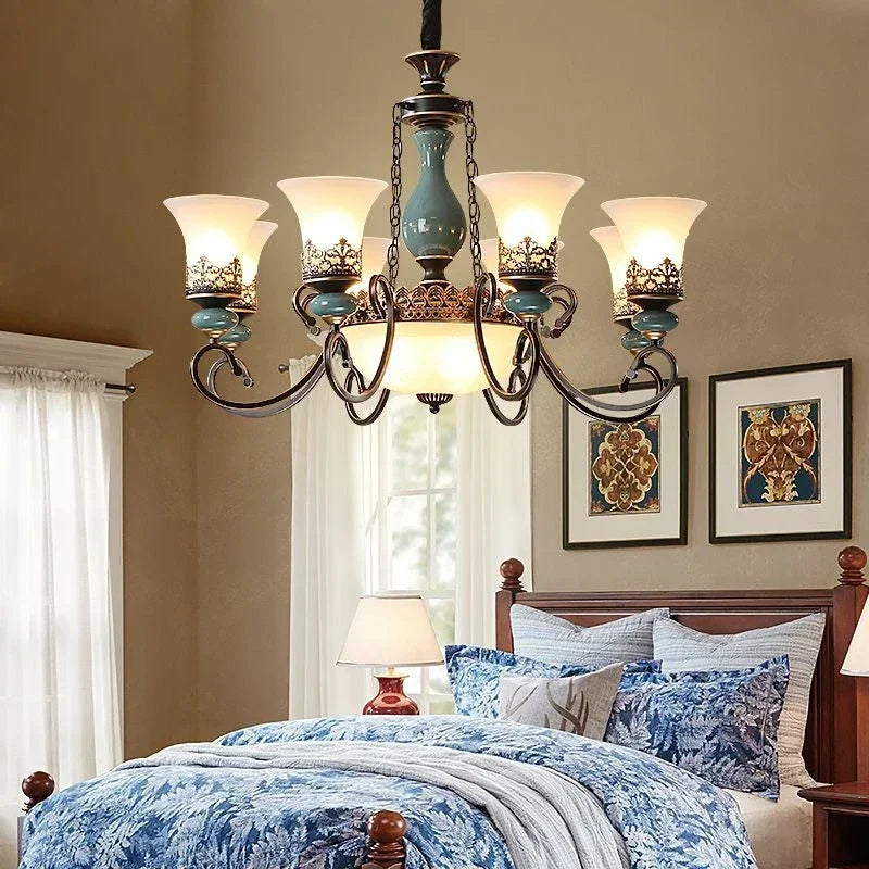 European vintage flush mount chandelier with frosted glass shade and iron frame