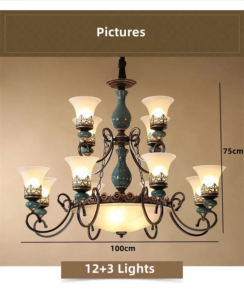 European vintage flush mount chandelier with frosted glass shade and iron frame — view 7