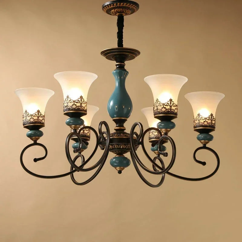 European vintage flush mount chandelier with frosted glass shade and iron frame — view 11
