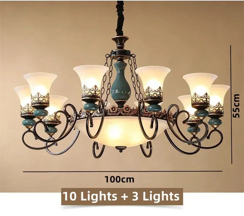 European vintage flush mount chandelier with frosted glass shade and iron frame — view 8